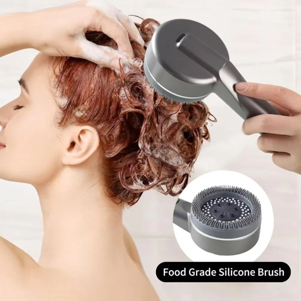 Ellery shower head used to wash hair, food-grade silicone scalp bristles working shampoo through the hair