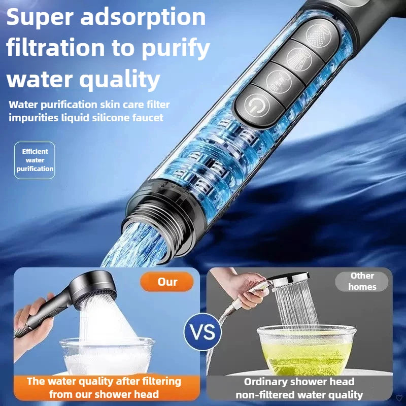 Ellery multi-stage mineral filter cartridge shown removed from the shower head
