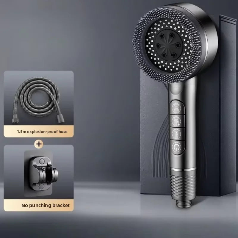 Ellery matte black high-pressure filtered shower head with silicone scalp brush, 1.5m hose and no-drill bracket